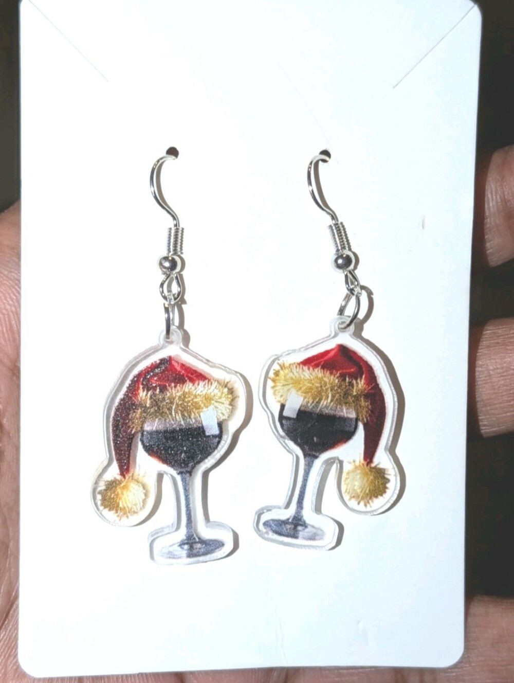 Hand Crafted Holiday Wine Glass Santa Hat Acrylic Dangle Earrings - Picture 2 of 6